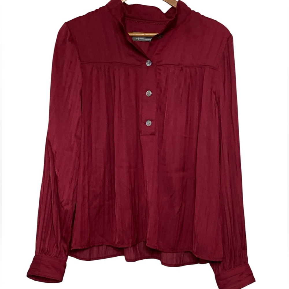 By Anthropologie Plisse’ Burgundy Pop Over Long Sleeved Blouse